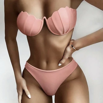 2020 ny shell-solid color tube top bikini stål støtte hårdt pakke sexet høj talje delt badedragt kvinder images