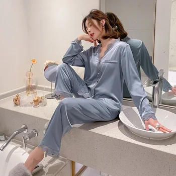 2021 Is Silke Nye Pyjamas Kvinders langærmet To-stykke Palace Ins Stil Tynd Blonde Cardigan Hjem Passer til Mode Nattøj images