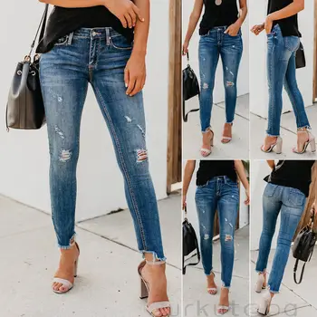 2021 Kvinder Jeans med Stretch Rippet Nødlidende Tynde Høj Talje Denim Bukser Strimlet Jeans, Bukser, Slim Jeggings Plus Størrelse 2xl images