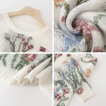 2021 Sppring Mohair Cashmere Sweater Kvinder Kontrast Farve Floral Hvid Strik Trøjer Luksus-O-hals langærmet Tynd Pullover images