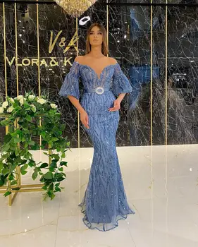 2021New Perlebesat Prom Kjoler Satin Lang Aften Kjole Sexet Høj Split Dubai Party Dress Formelle Kjoler Abendkleider images