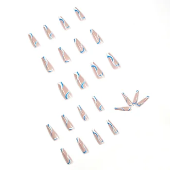 24pcs blå, hvide bølgelinier Aftagelig Lang Ballerina Falske Negle Med Design-Bærbare Falske Negle Fuld Dækning Nail Tips images