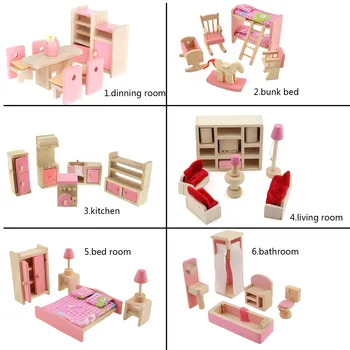 6 Assorterede af Træ-Miniature Dukkehus Møbler DIY Mini Træ Dukke Hus køkkenskabe Bed Badeværelse, Stue Dukke Toy images