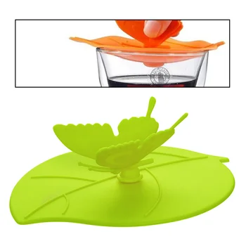 6stk 10cm Krus Dække Dejlige 3D Sommerfugl Blade Silikone Cup Dække Genanvendelige Anti-støv Tætning af Låget Glas Keramisk Plast Krus Cap images