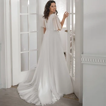 9605#Plus Size Bryllup Kjole med Korte Ærmer 2021 Stranden Chiffon Elegant V-Hals Lace Boho Slids brudekjoler Robe De Mariee images