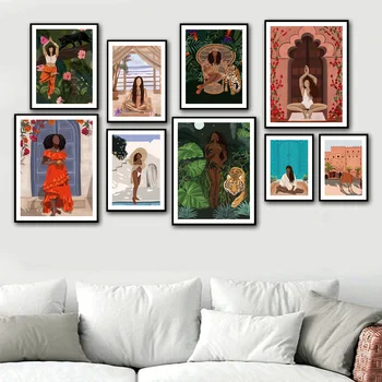 Abstract Fashion Girl yoga Leopard, Tiger Nordiske Vintage Plakat Wall Art Prints Lærred Maleri Indretning Billeder Til stuen images