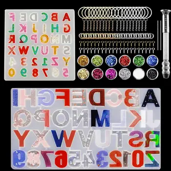 Alfabet Bogstav Nummer Epoxy Harpiks Forme Sæt Hånd Bore 40 nøgleringe 12 Multi-Farve Skinner 100 Skrue Øjet Pins Nøglering DIY images