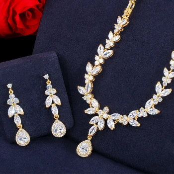 BeaQueen Luksus Dubai Guld med Cubic Zirconia Leaf Drop Bryllup Øreringe-Halskæde-Armbånd, 3 Stk Kjole Smykker Sæt til Brude JS217 images