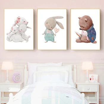 Bear Kanin Kunst Lærred Maleri Baby Bunny Plakat Børnehave Maleri Blomst Dyr Væg Kunst, Nordisk Plakat Billede Kids Room Decor images