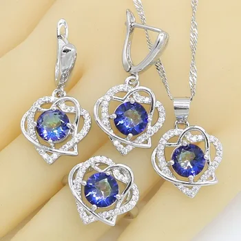 Blue Rainbow Zircon Sølv Farve Smykker Sæt til Kvinder Hjerte Form Øreringe, Ringe, Halskæde Vedhæng gaveæske images