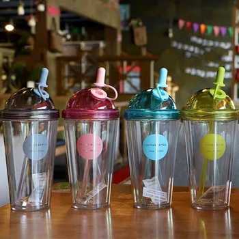 BPA-Fri Plast Kopper med Låg og Sugerør vandflaske Dobbelt Lag Tumbler Studerende Par, Juice, Mælk, Kaffe Krus Ice Cup images