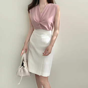 Colorfaith Nye 2021 Kvinder Sommer Bluser, Shirts V-Hals Vintage Ærmeløs Elegante koreanske Oversize Moderigtigt Dame Toppe BL2797 images
