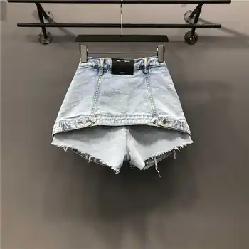 [DEAT] Solid Hot Pants Kvinders Falske To Stykker Af Høj Talje A-linje Tynd Denim Shorts Street Mall Goth 2021 Sommeren GX471 images