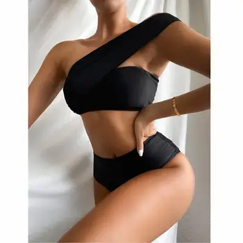 Den Ene Skulder, Høj Talje Bikinier 2021 Sexede Kvinder Swimsuit Badetøj Kvindelige Sorte Brazilian Bikini Sæt Biquini Badetøj images