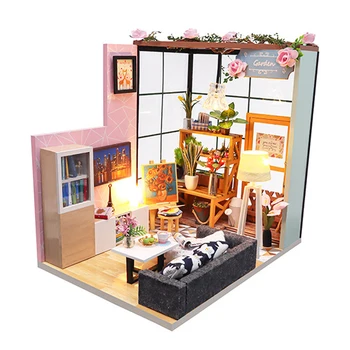 DIY Træ-Casa Dukkehus Kit Samlet Miniature Møbler Roombox Lys Dukke Hus med Blomster Maleri Legetøj for Voksne Gaver images