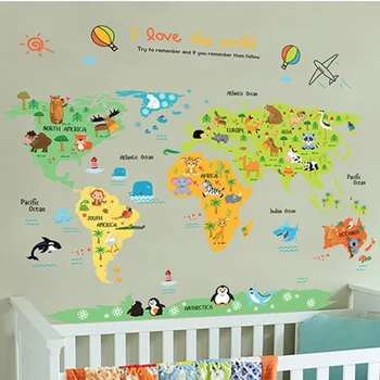DIY verdenskort Wall Stickers Tegnefilm Dyr Dekorative Kids Room Decals PVC Kvalitet Tapet Børnehave Baggrund Wallsticker images