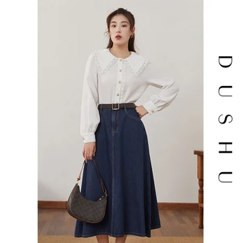 DUSHU Plus size høj talje lange blå denim nederdel Kvinder lomme forår sommer vintage-en-linje-nederdel Kvindelige elegante jeans nederdel, 2021 images