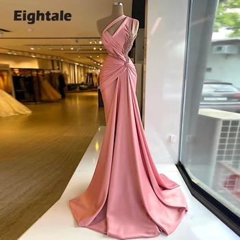Eightale Beaded Pink Aften Kjoler 2021 Ene Skulder Perler Havfrue Prom Kjole Læg Arabisk Kendte Part Kjole images