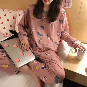 Foråret Pyjamas Sæt Kvinder Tegnefilm Trykt Homewear Pyjamas Kvinder Løs Nigtwear Nattøj Sæt Pijamas Kvinder images