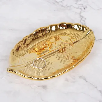 Gold Leaf Keramiske Fad Porcelæn Slik Snuske Fad Smykker Frugt Servering Skuffe Til Opbevaring Plade, Køkkentøj, Bordservice Home Decor images