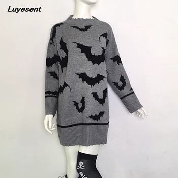 Grå Gotiske Pullovere Pige Sweater Koreansk Mode Dame Tyk Vinter Goth Bat Jumper Afgrøde Punk Strik Kjole Lang Trækker 2021 Toppe images