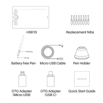 Huion Nyeste HS610 10x6 tommer Grafiske tegneplade Digital Pen Tablet med Batteri - Gratis Stylus til Android, Windows, macOS + OTG images