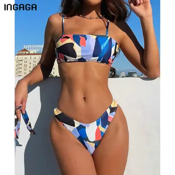 INGAGA Sexede Bikinier Kvinders Badetøj Patchwork Badetøj Kvinder Bandeau Biquini Mesh badedragt 2021 Tre Piece Bikini Sæt images