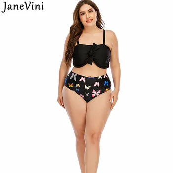 JaneVini 2021 Kvinder Badedragt Plus Size Badetøj Bikini Sæt for Fedt Damer Grøn Sommerfugl Print med Høj Talje badetøj Vikinis images