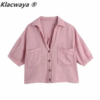 Klacwaya Kvinder Mode Candy Farve Dobbelt Lommer Løs Linned Smock Bluse Dame Knapper Kort Skjorte Smarte Kimono Blusas Toppe images