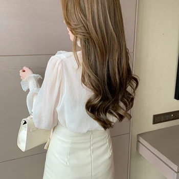 Koreanere Blonder Flæser Elegant Chiffon Skjorte Kvinde Smart Langærmet Stå Krave Bluser Kvinder Casual Løs Hvide Toppe Blusas 13433 images