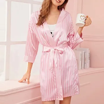 Kvinder sexy silke natkjole pink stribe komfortable Damer morgenkåbe natkjole robe nightdress med bælte bløde халаты женские M* images