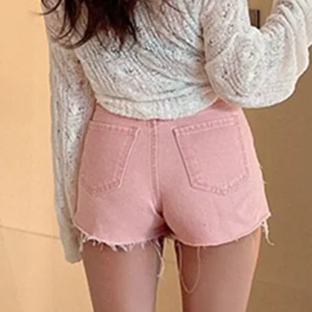Limiguyue Koreanske Sommer Pink Jean Shorts Til Kvinder Mini Retro Høj Talje Frynsede Rippet Denim Shorts Sexet Tassel Kort Jean K963 images