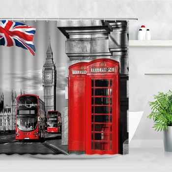London Street View badeforhæng Big Ben Rød telefonboks Bus Udskrivning Retro Væg Udsmykning Klud Skærmen Kroge Badeværelse Gardin Sæt images
