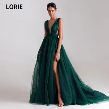 LORIE Smaragd Grøn Prom Kjoler Tyl A-Line Lang Læg Side Split Afrikanske Aften Bryllup Part Kjole til Eksamen 2021 images