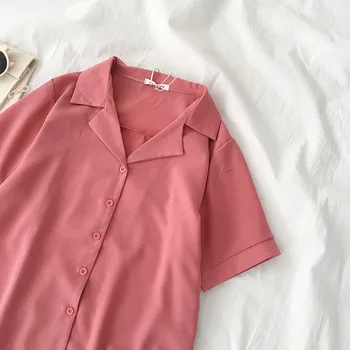 Mode Hak Krave Chiffon Kvindelige T-Shirts Enkelt Breasted Short Sleev Løs Solid Farve Kvinder Bluser 2021 Sommer images