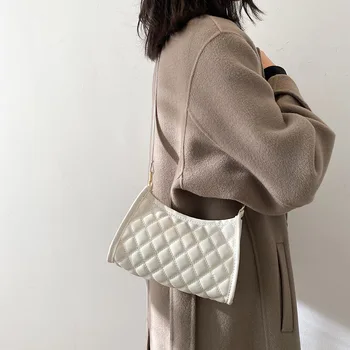 Mode Rhombiske Gitter Mønster Hobo Shoulder Tasker til Kvinder 2021 Casual PU Læder Messenger Bag Solid Farve Street Håndtasker images
