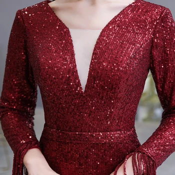 Mørk Rød Kjole til Aften i 2020 Smukke Kaste V-Hals Illusion Paillet Plisserede Lange Ærmer Havfrue Formel Kjole robe de soiree images