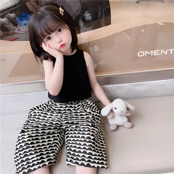 Pigernes Sommer todelt Dragt Nye koreanske børnetøj Søde Børn, der er Åben Ryg Sløjfeknude Wide-ben Bukser, der Passer KF1062 images