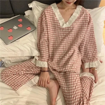 Pyjamas Sæt Kvinder Foråret Hot Salg Plaid V-Hals Kvindelige Nattøj koreansk Stil Harajuku Alle-match Søde Studerende Simpel måde images
