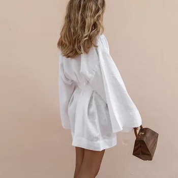 Snøre Kvinders V-Hals Kimono Cardigan Mini Kjole Sengelinned af Bomuld med Lange Ærmer Vinger Klædt Robe Style Sommer Løs images