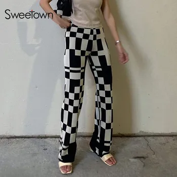 Sweetown Harajuku E Pige Plaid Lige Bukser Kvinder Sort og Hvid Streetwear Vintage Y2K Æstetiske Høj Talje Kontrolleret Bukser images