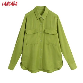 Tangada Kvinder Grøn Dobbelt Lomme Oversize Skjorte med Lange Ærmer Kæreste Stil Kvindelige Casual Løs Skjorte BE964 images