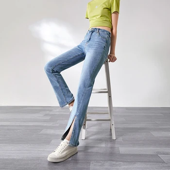 Toyouth Kvinder Jeans 2021 Sommer Med Høj Talje, Smal Slids Flare Solid Blå Vintage Casual Denim Bukser images