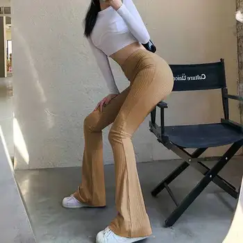 Tynde Micro Blusset Bukser Kvinde Strikkede Bukser Fashion High Solid Farve Street Style Behageligt For Party Retro Ribbet Bukser images