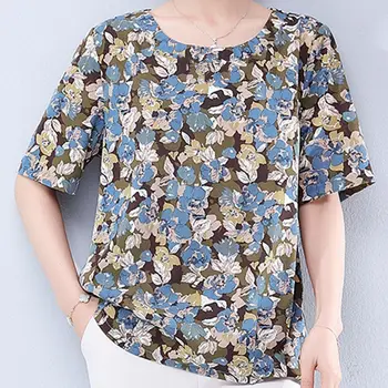 Vintage Bluse Sommer Tøj Til Plus Size Kvinder Blomsterprint Løs Casual Dame Toppe O-Neck T-Shirt Short Sleeve images
