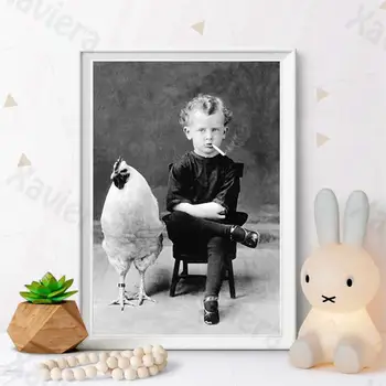 Vintage Fotografering Plakat Dreng Værelser med Kylling Sort og Hvid Væg Kunst, Lærred Maleri Hjem Indretning til børneværelset Vægmaleri images