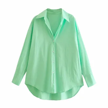 XEASY 2021 Nye Sommer Kvinder Vintage Bomuld Grønne Oversize Bluse Kvindelige Streetwears Casual Single-Breasted Shirt Smarte Blusas Top images
