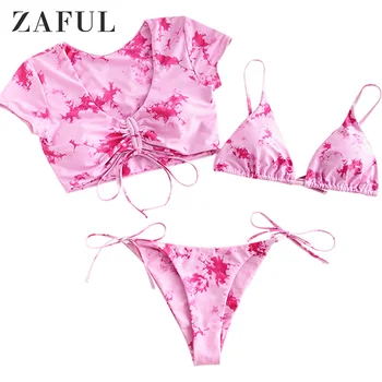 ZAFUL Tie Dye Cinched Tre-delt Badedragt Kvinder Aftagelig Polstret Bikini Sæt med Lav Talje String Swimwears Sexet Bikini 2020 images
