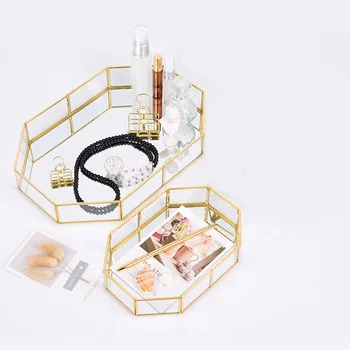 【REMISE1 REMISE3】【JULIO1 REMISE3】 opbevaringsbakke Guld Rektangel Glas Makeup Organizer Skuffe Plade Smykker Skærmen Home Decor images